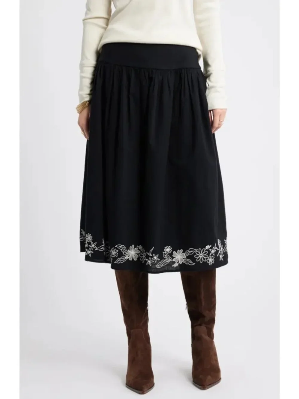 Treasure & Bond Embroidered Hem Cotton Midi Skirt Black A-Line Casual Sze M NWOT